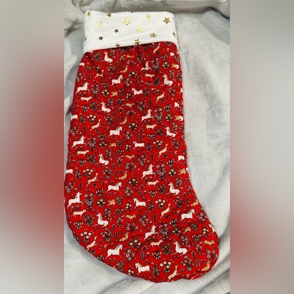Vintage Red Quilted Unicorn/ Fox/ Rabbit Christmas Stocking.‎ Lined AOP Animal